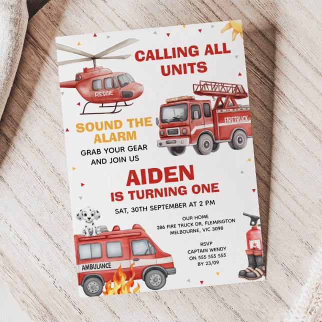 Invitation Boys Red Rescue Calling All Units Birthday (Calling All Units Invitation, Fire Truck Birthday Invitation, Emergency Squad Invitation, Alarm)
