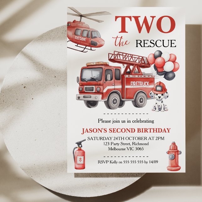 Invitation Boys Red Two The Rescue Fire Truck Birthday  (Two The Rescue Invitation, Fire Truck Birthday Invitation, Boys 2nd Birthday Invite, Dalmatian)