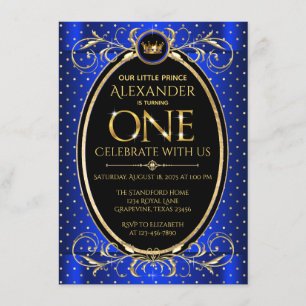 Invitation Boys Royal Blue Gold Prince 1er anniversaire
