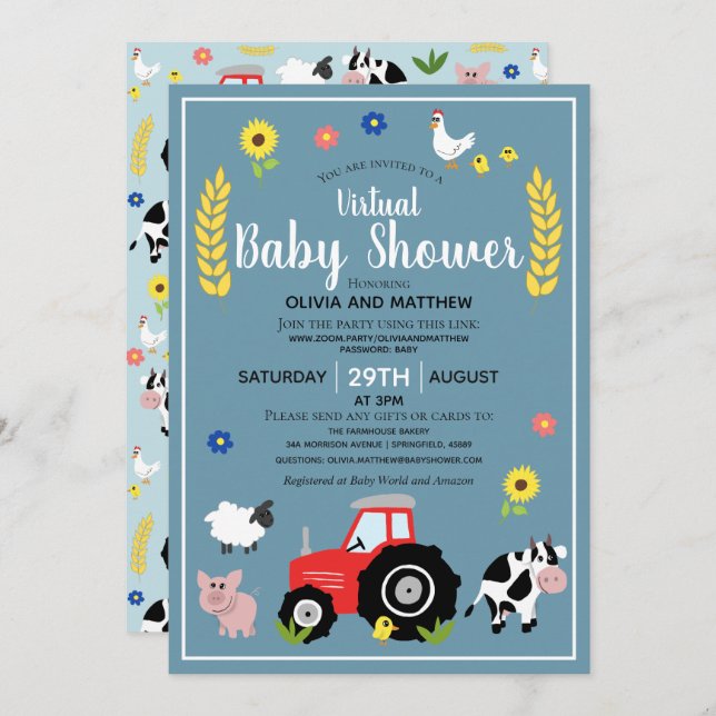 Invitation Boys Rustic Farm Tractor Baby shower virtuel (Devant / Derrière)