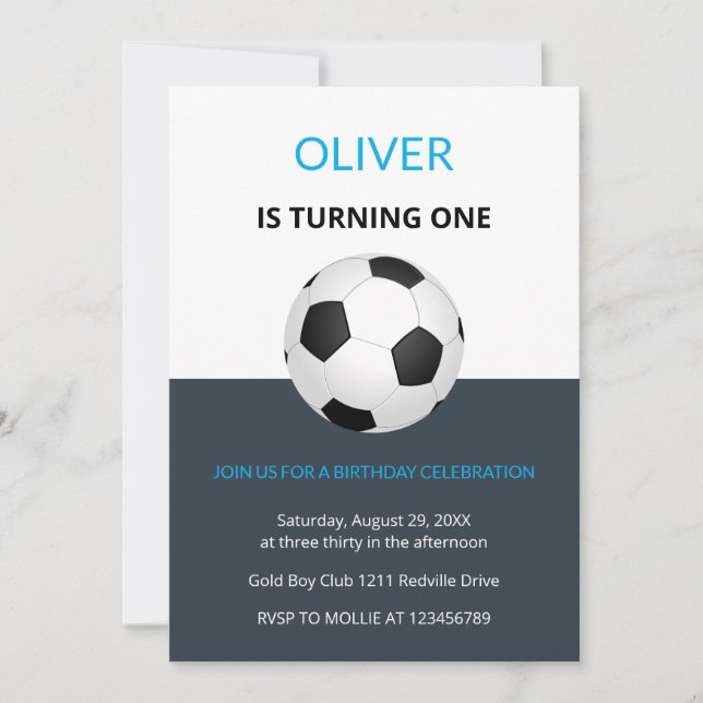 Invitation Boys Simple Blue Soccer Kids First Birthday (Devant)