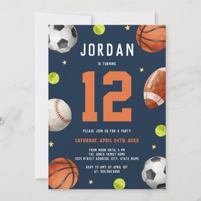 Invitation Boys Sports Thème Marine Orange Anniversaire (Devant)