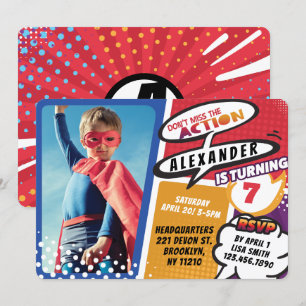Invitation Boy's Superhero Comic Photo Anniversaire Invitatio