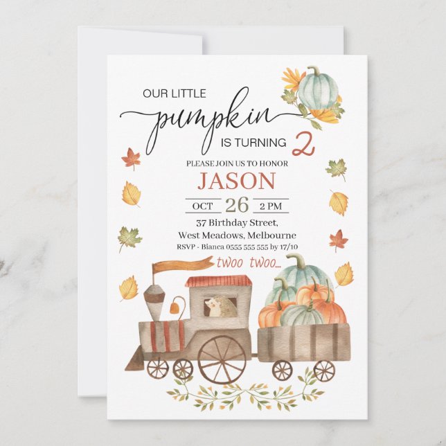 Invitation Boys Two Two Little Citrouille Train 2nd Birthday  (Devant)