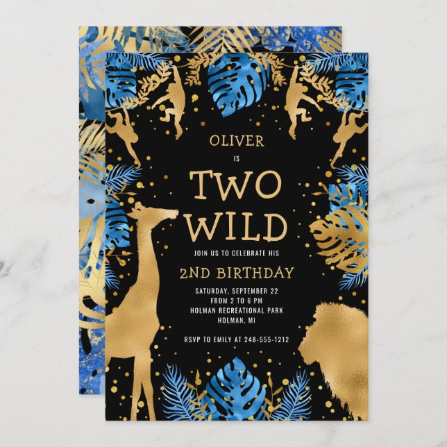 Invitation Boys Two Wild 2nd Birthday Blue Black Safari (Devant / Derrière)
