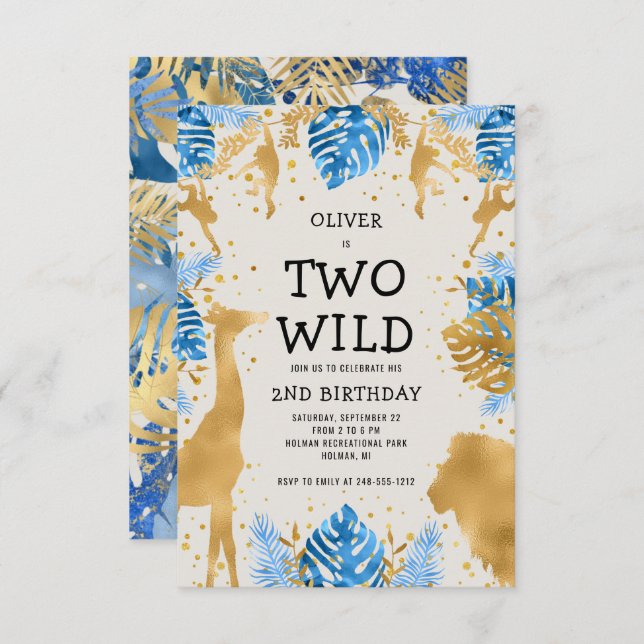 Invitation Boys Two Wild 2nd Birthday Blue Ecru Safari (Devant / Derrière)