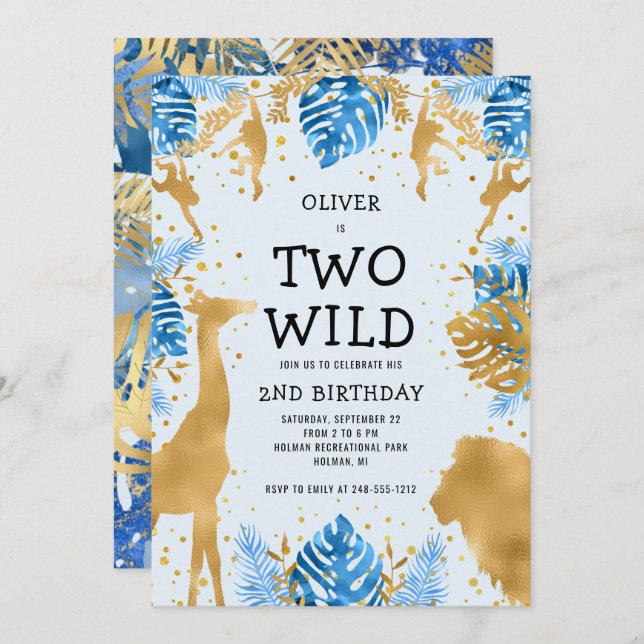 Invitation Boys Two Wild 2nd Birthday Blue Safari (Devant / Derrière)