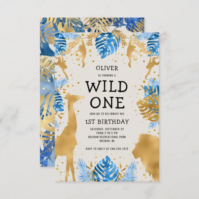 Invitation Boys Wild One 1er anniversaire Blue Ecru Safari (Devant / Derrière)