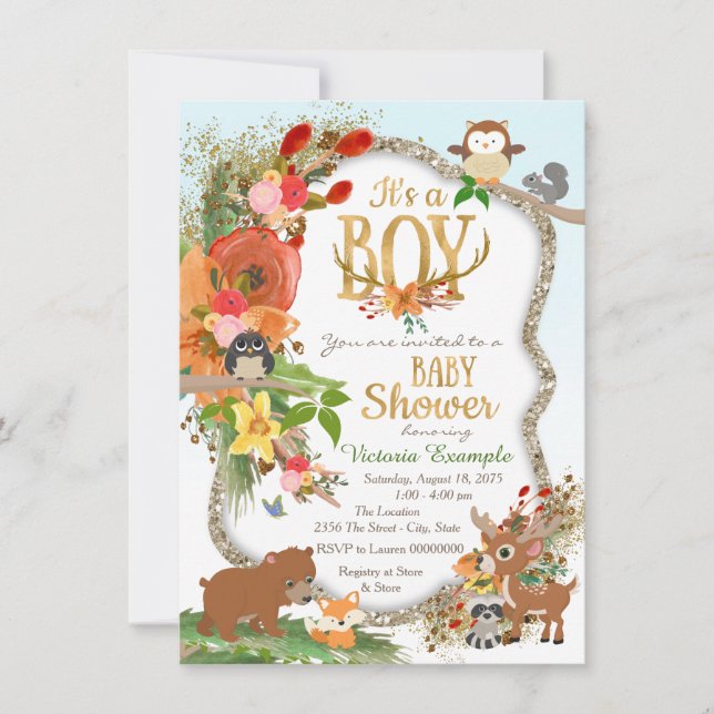 Invitation Boys Woodland Antler Baby shower (Devant)