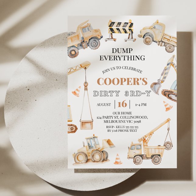 Invitation Boys Yellow Construction Dirty 3e anniversaire 3e  (Dirty 3rd-y Birthday Invitation, Construction 3rd Birthday Invitation Template, Boys 3rd Birthday )
