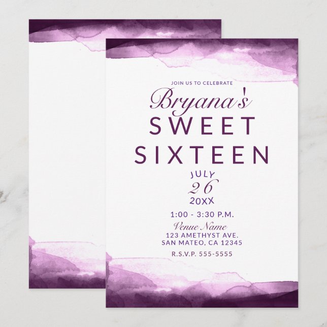 Invitation Boysenberry Purple Aquarelle Chic Sweet 16 Party (Devant / Derrière)