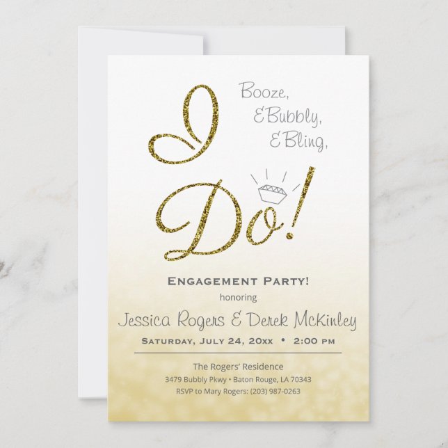 Invitation Boze, Bubbly & Bling, I DO Gold Engagement Party (Devant)