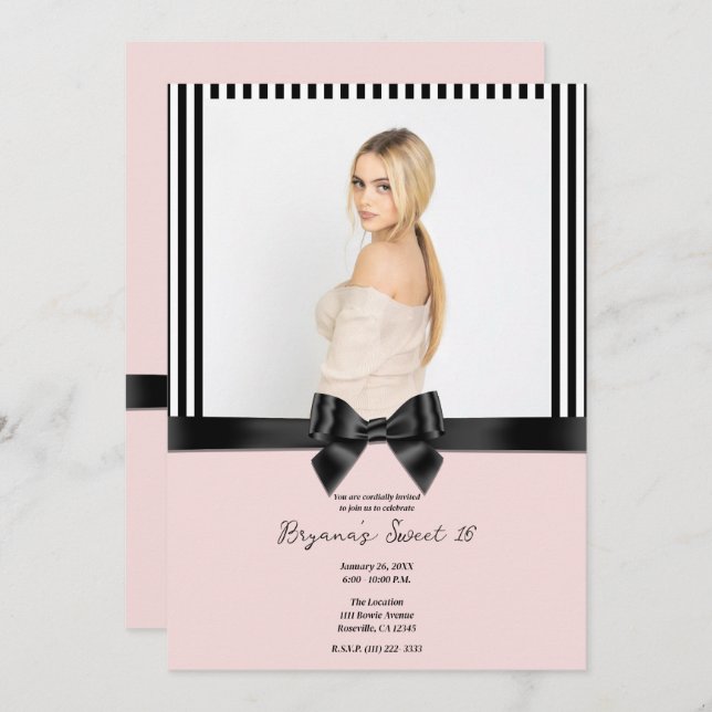 Invitation Bracelet Bow noir Ruban rose pâle Photo Sweet 16 (Devant / Derrière)