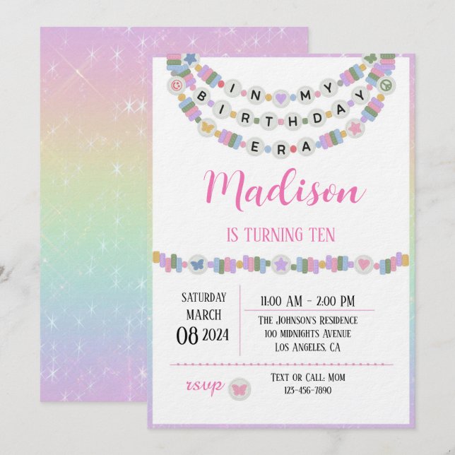 Invitation Bracelet d'amitié Filles Anniversaire Ère Fête  (Devant / Derrière)