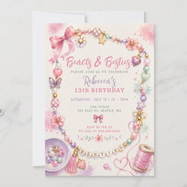 Invitation Bracelet perlé d'amitié Ruban rose Anniversaire  (Devant)