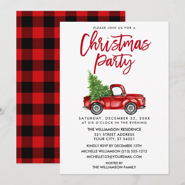 Invitation Bracelet Script Red Plaid Truck Christmas Party (Devant / Derrière)