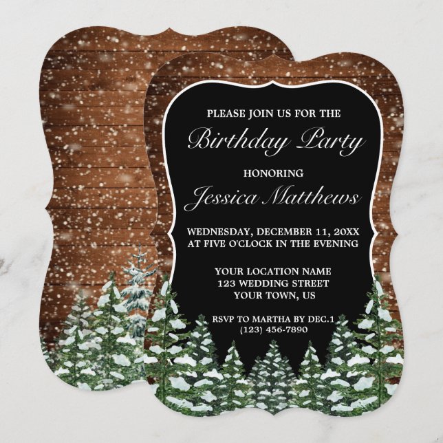 Invitation Bracket Black Snowy Bois & Pin Forêt Anniversaire (Devant / Derrière)