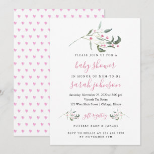 Invitation Branche aquarelle avec Baby shower de coeur Invita