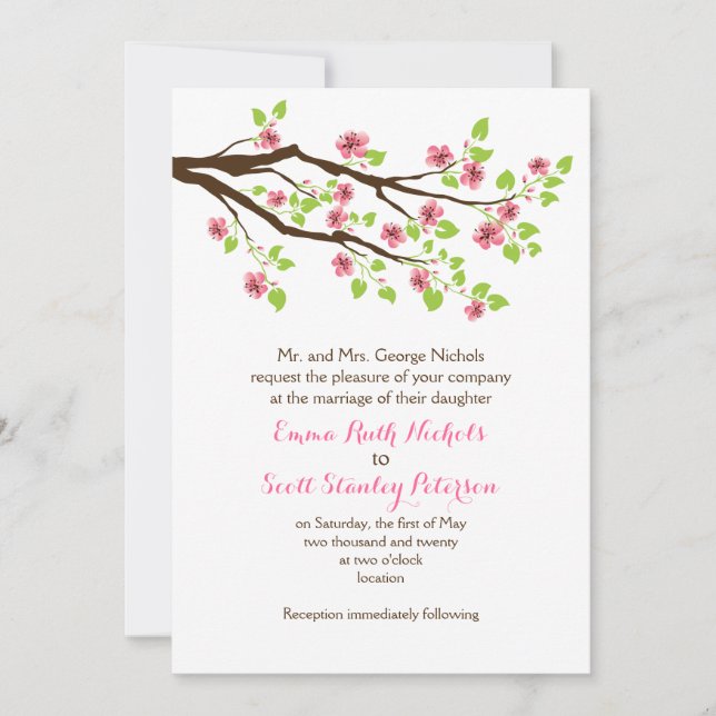 Invitation Branche avec fleurs de cerisier rose mariage de pr (Devant)