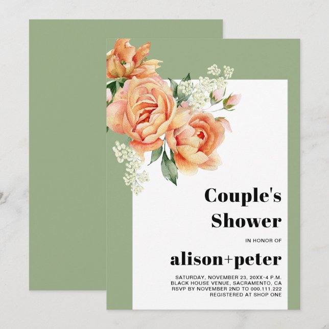 Invitation Branche avec roses pêche mariage couple douche (Devant / Derrière)