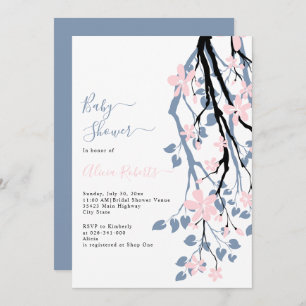 Invitation Branche bleu foncé, baby shower de fleurs roses
