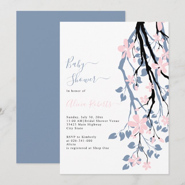 Invitation Branche bleu foncé, baby shower de fleurs roses (Devant / Derrière)