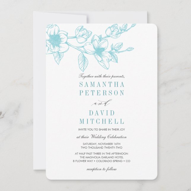 Invitation Branche Chic Floral Magnolia | bleu pâle | MARIAGE (Devant)