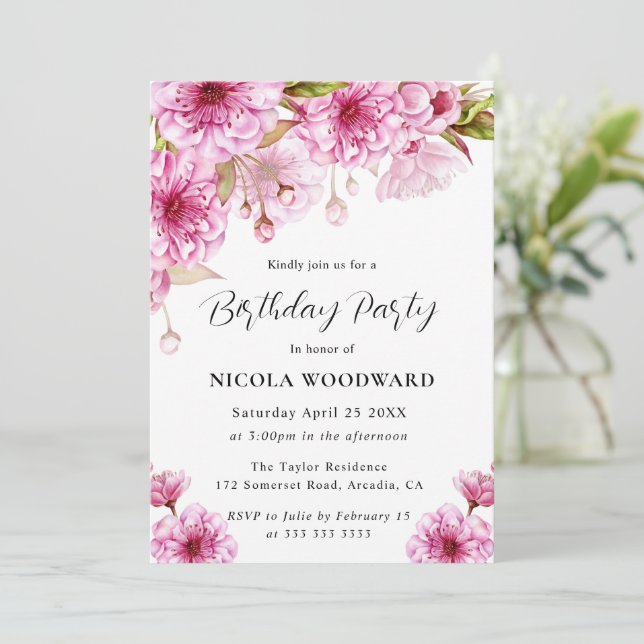 Invitation Branche de cerisier à l'aquarelle pour fête d'anni (Debout devant)