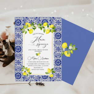 Invitation branche de citron et mosaïque bleue aquarelle chau