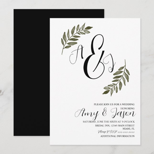 Invitation Branche de feuilles à l'aquarelle verdure mariage  (Devant / Derrière)