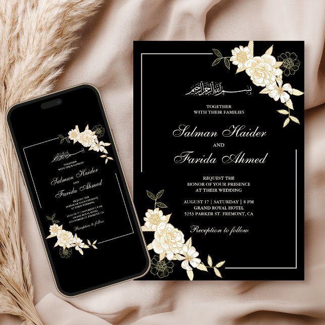 Invitation Branche de feuilles florales à la crème noire pour (Créateur téléchargé)
