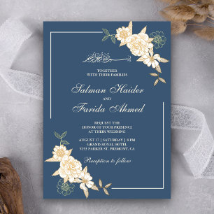 Invitation Branche de Feuilles floraux d'ivoire bleu Mariage