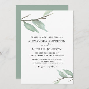 Invitation Branche de feuilles vertes Elégant Mariage d'aquar