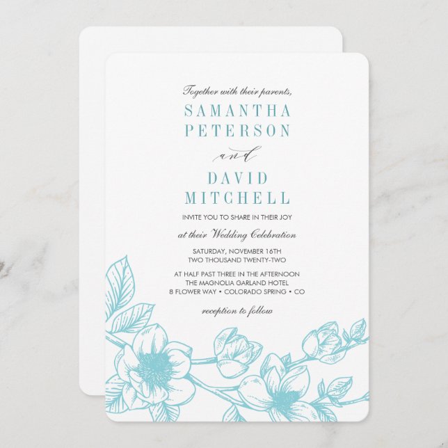 Invitation Branche de Magnolia florale | bleu pâle | MARIAGE (Devant / Derrière)