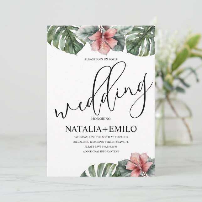 Invitation Branche de Monstera aquarelle pour mariage de verd (Debout devant)