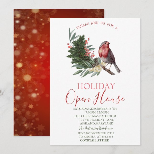 Invitation Branche de pin aquarelle Cardinal Maison Ouverte  (Devant / Derrière)