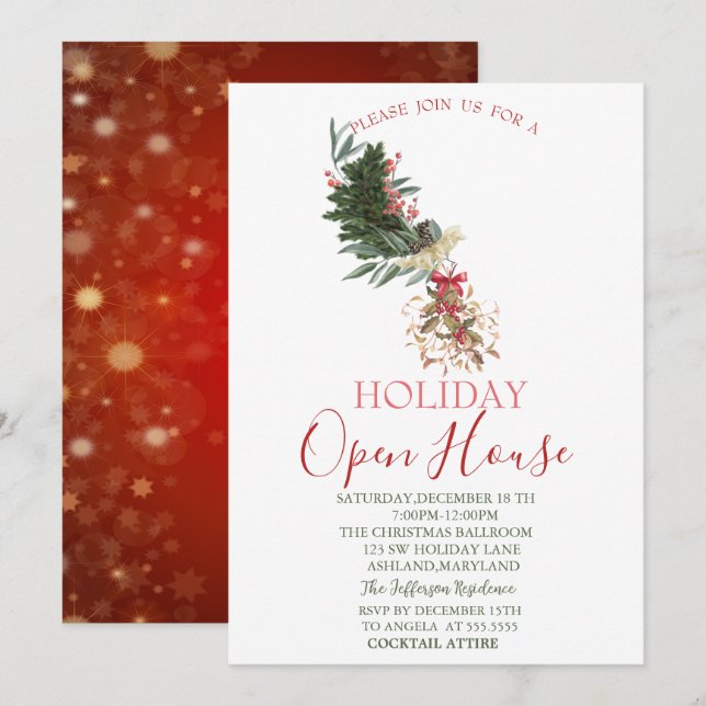 Invitation Branche de pin aquarelle, Mistletoe Open House  (Devant / Derrière)