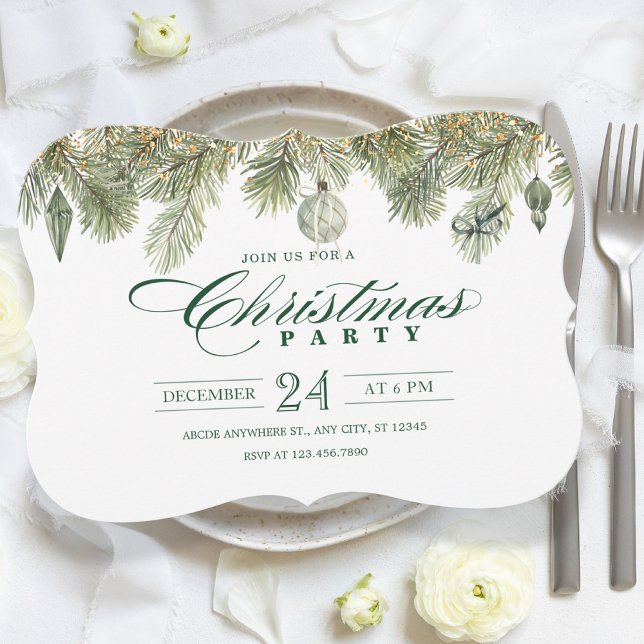 Invitation Branche de pin vert avec ornements de fête de Noël (Créateur téléchargé)