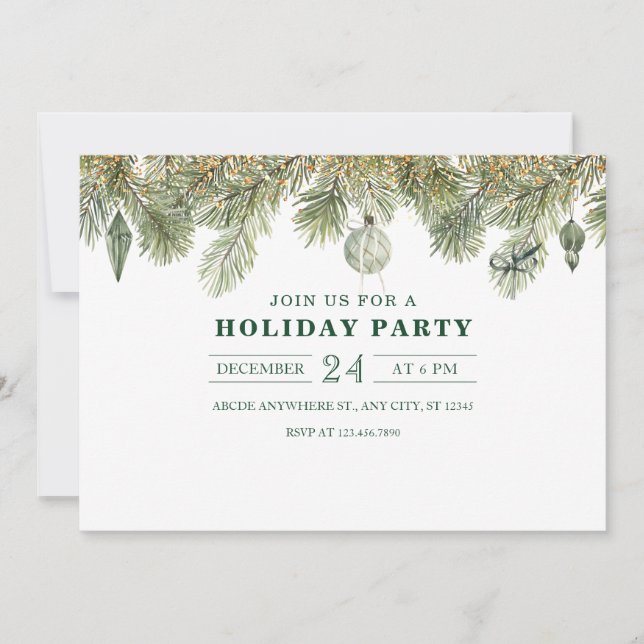 Invitation Branche de pin verte avec décorations de Noël (Devant)