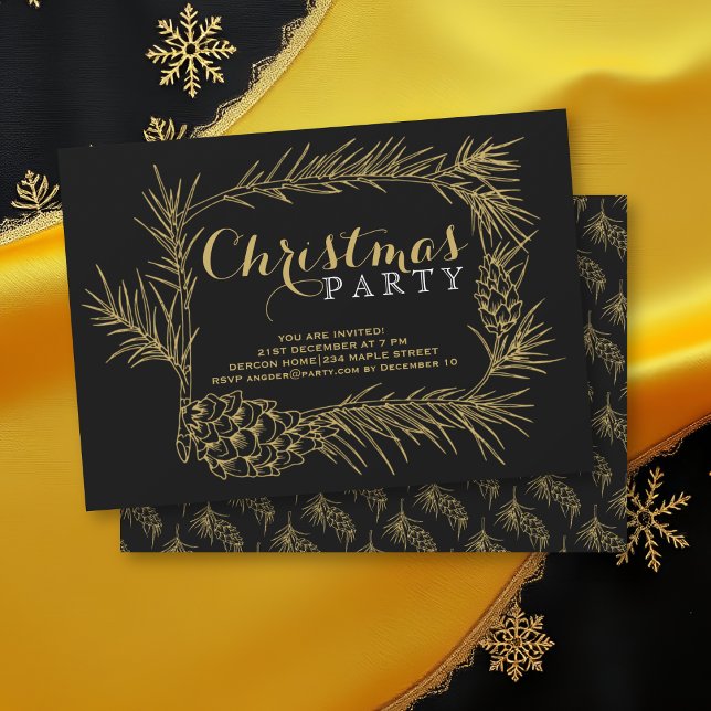 Invitation Branche de sapin d'or avec cônes fête de Noël noir (Créateur téléchargé)