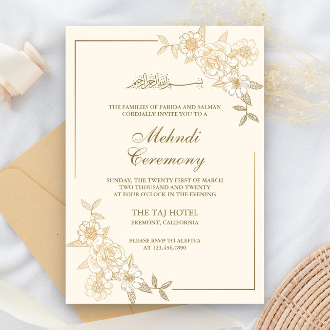 Invitation Branche des Feuilles floraux crème et or Musulman  (Créateur téléchargé)