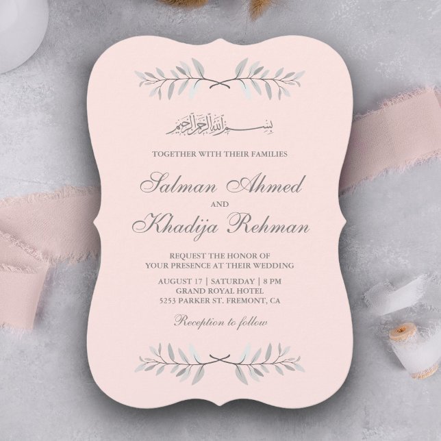 Invitation Branche des Feuilles gris et rose vif Mariage musu (Créateur téléchargé)