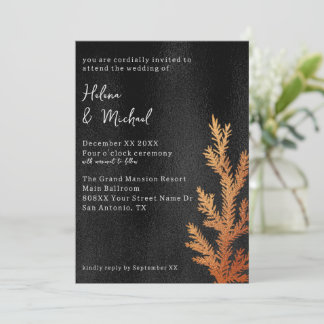 Invitation Branche des pins de mariage d'hiver noir et cuivre