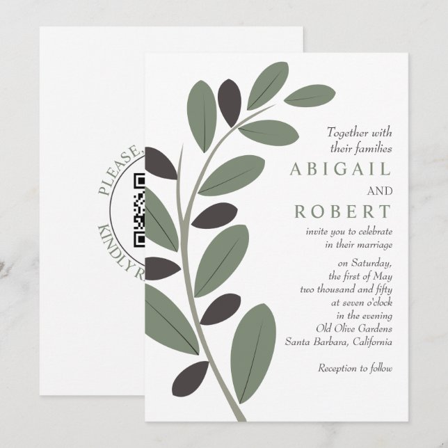 Invitation Branche d'olive charme méditerranéen Code QR maria (Devant / Derrière)