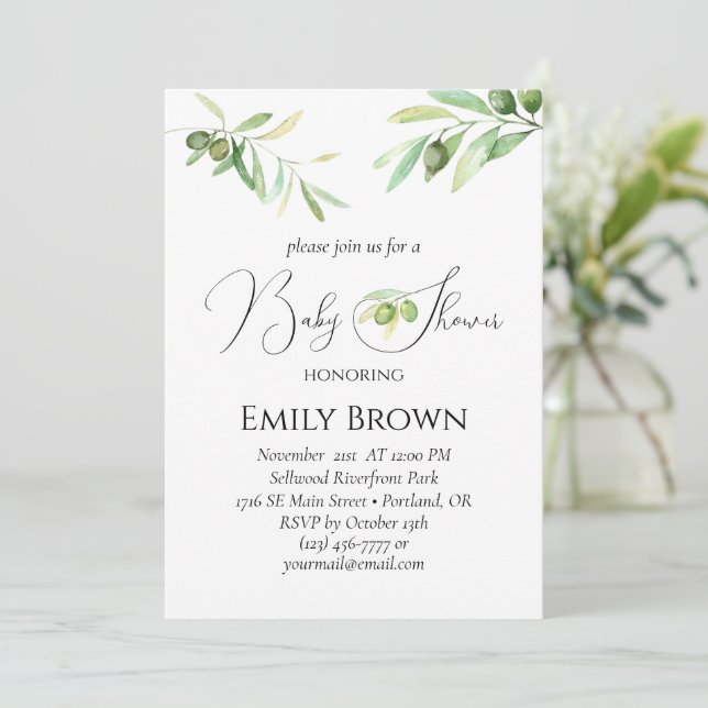 Invitation Branche d'olive de baby shower minimaliste moderne (Debout devant)