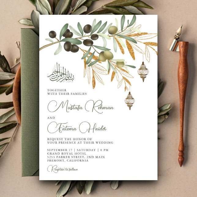 Invitation Branche d'olive dorée Lanterne arabe Mariage islam (Créateur téléchargé)
