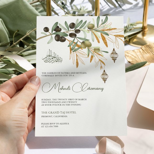 Invitation Branche d'Olive Dorée Lanterne Arabe Mehndi Islami (Créateur téléchargé)