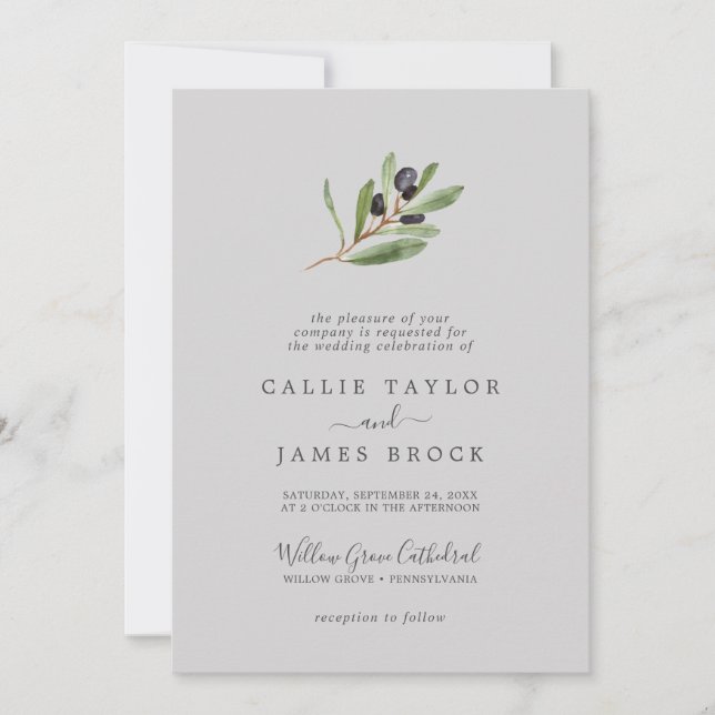 Invitation Branche d'olive moderne | Mariage officiel gris (Devant)