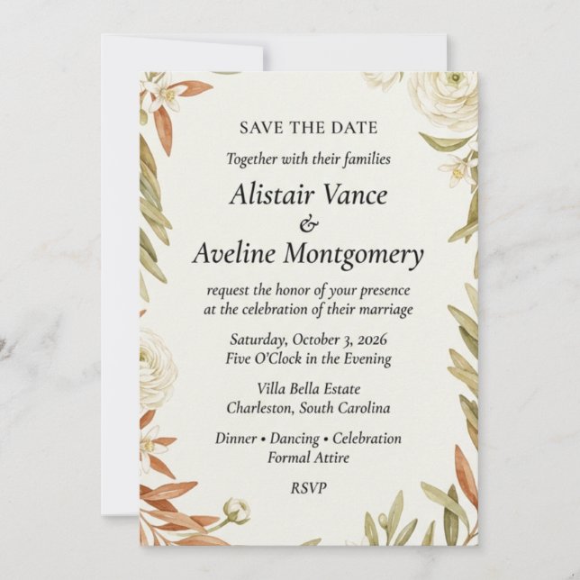 Invitation Branche d'olive neutre et botanique ranunculus  (Devant)