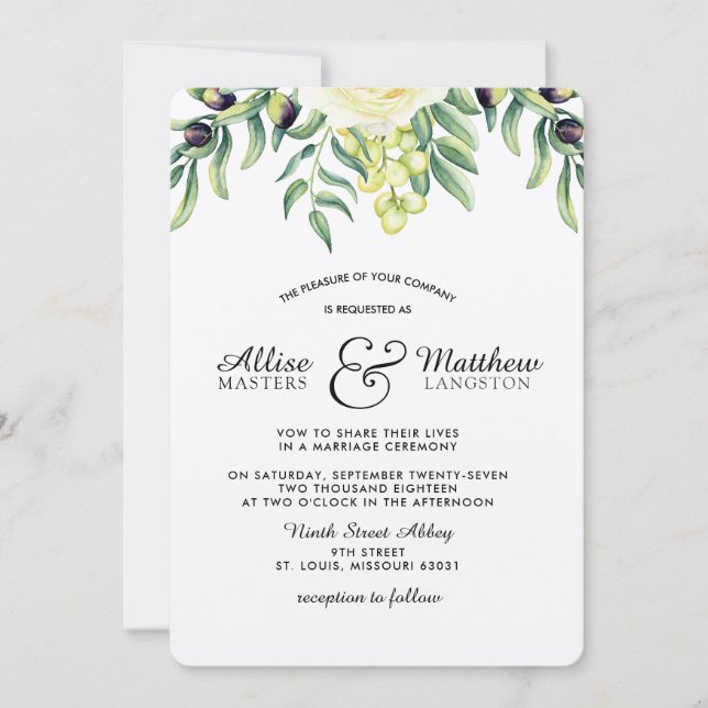 Invitation Branche d'olive Rose blanche (Devant)